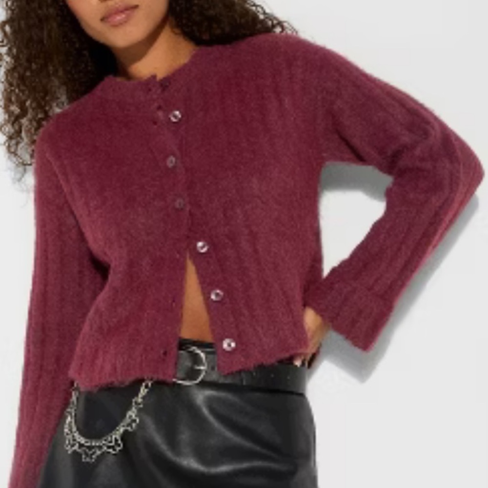 Wild Fable Ribbed Crewneck Button Down Cardigan Sweater Burgundy, Sz L NWT